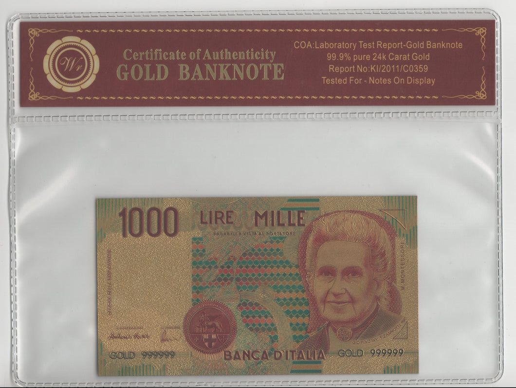 BANCONOTA PLASTICA - ITALIA - LIRE 1.000 - MONTESSORI - CON COVER